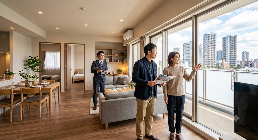 武蔵小杉のタワーマンション高層階で2LDK物件を内覧するカップルと担当者