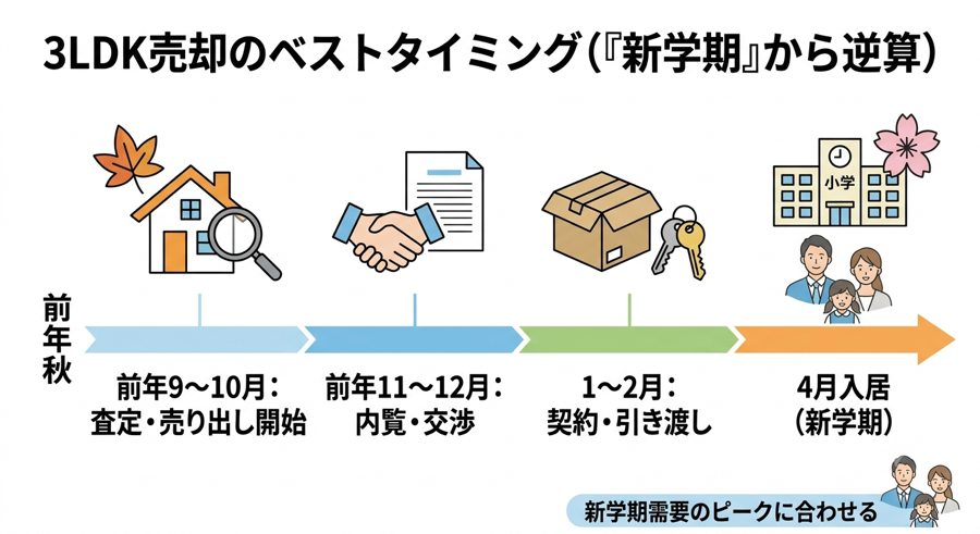 3LDK売却のベストタイミングを新学期4月入居から逆算したスケジュール図