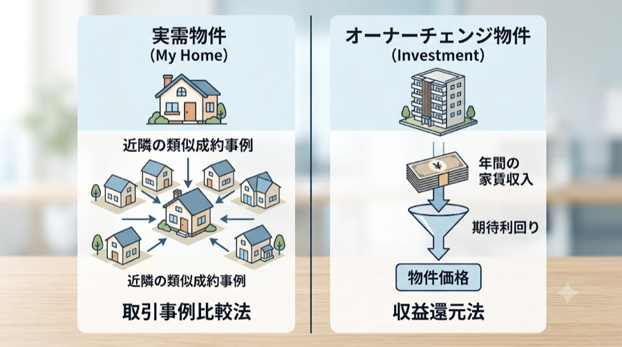 実需物件は取引事例比較法、オーナーチェンジ物件は収益還元法で査定される仕組みを示す対比図