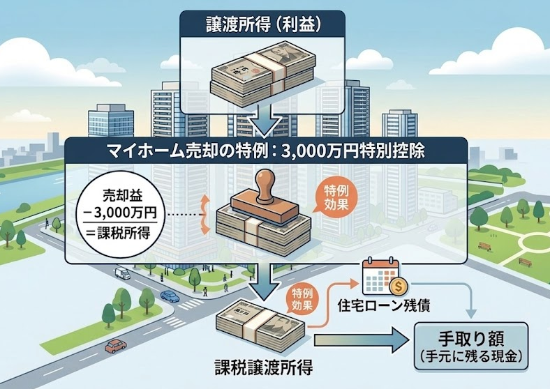 譲渡所得から控除額を差し引いて手取り額が決まる流れの図