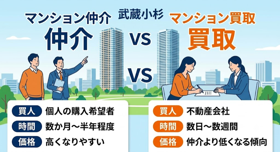 武蔵小杉のマンション仲介と買取の違い（買い手・期間・価格の比較）