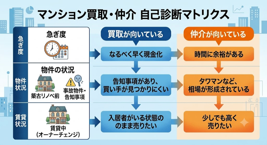 マンション買取・仲介の自己診断マトリクス（急ぎ度・物件の状況・賃貸状況）