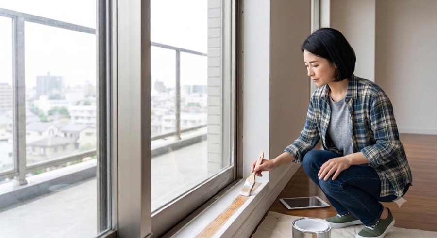 マンションの窓枠のペンキを自分で塗り直す女性