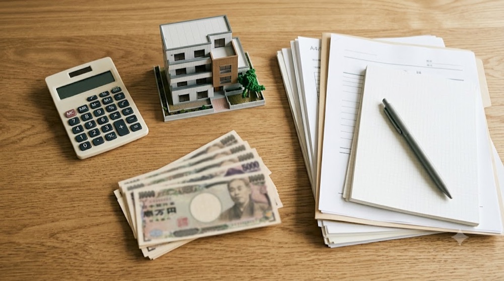 不動産売却の手取り額を計算する電卓と書類のイメージ