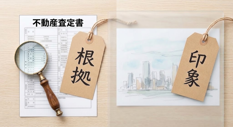 根拠のある評価と漠然とした印象の対比イメージ