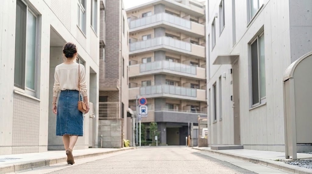 駅からマンションへ向かって歩く後ろ姿のイメージ