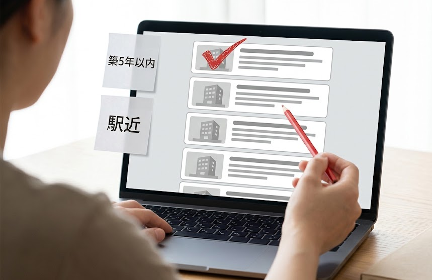 賃貸の検索結果を1件ずつ確かめるイメージ